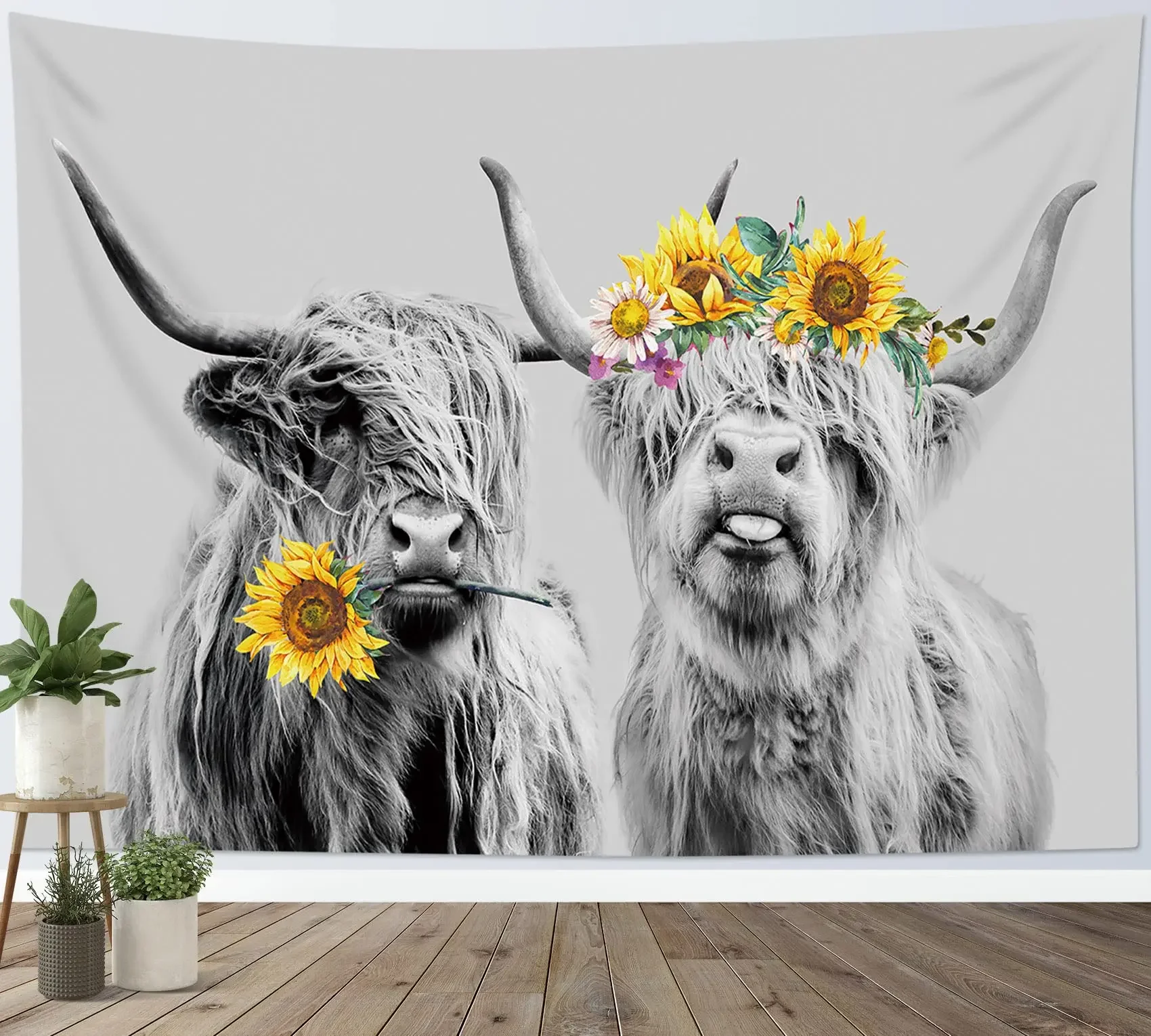 Highland Cow Tapestry Wall Hanging Farmhouse Grey Animal Bull Portrait Decor Rustic Animal Cattle Tapestry for Living Room Home