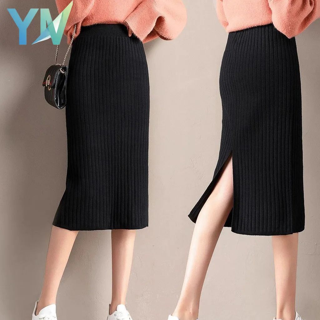 

Зимняя трикотажная юбка, длинная облегающая юбка-карандаш с разрезом, эластичная рабочая юбка с высокой талией для женщин, наряд для офисной вечеринки