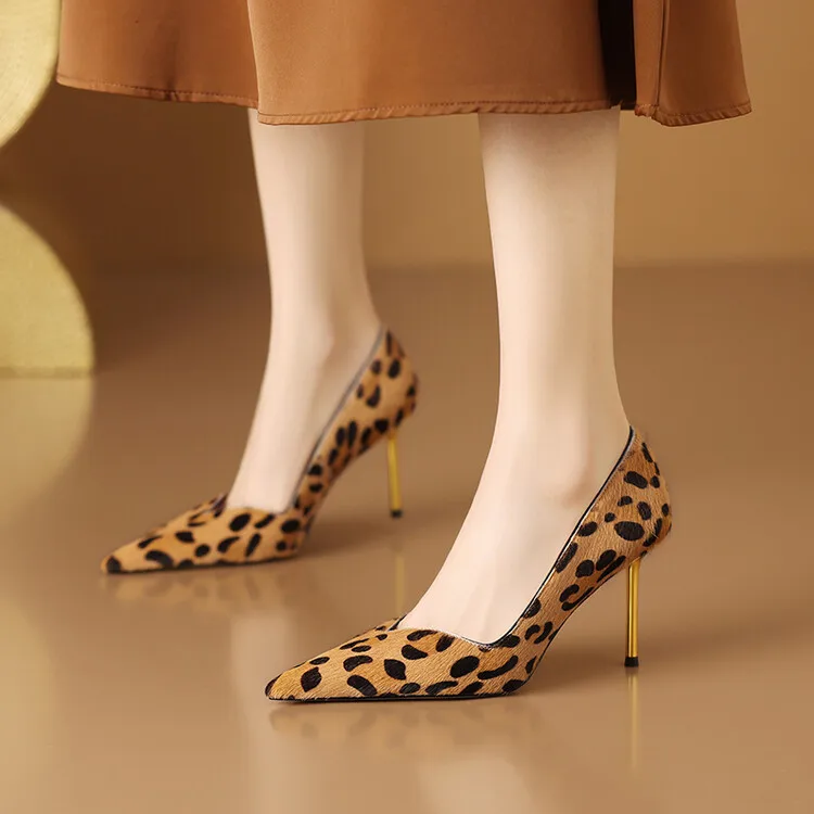 Leopard Horsehair Women Pumps Sexy Pointed Toe Iron High Heels Black Working Sapatos Luxury Design Formal Dress Chaussure Femmes