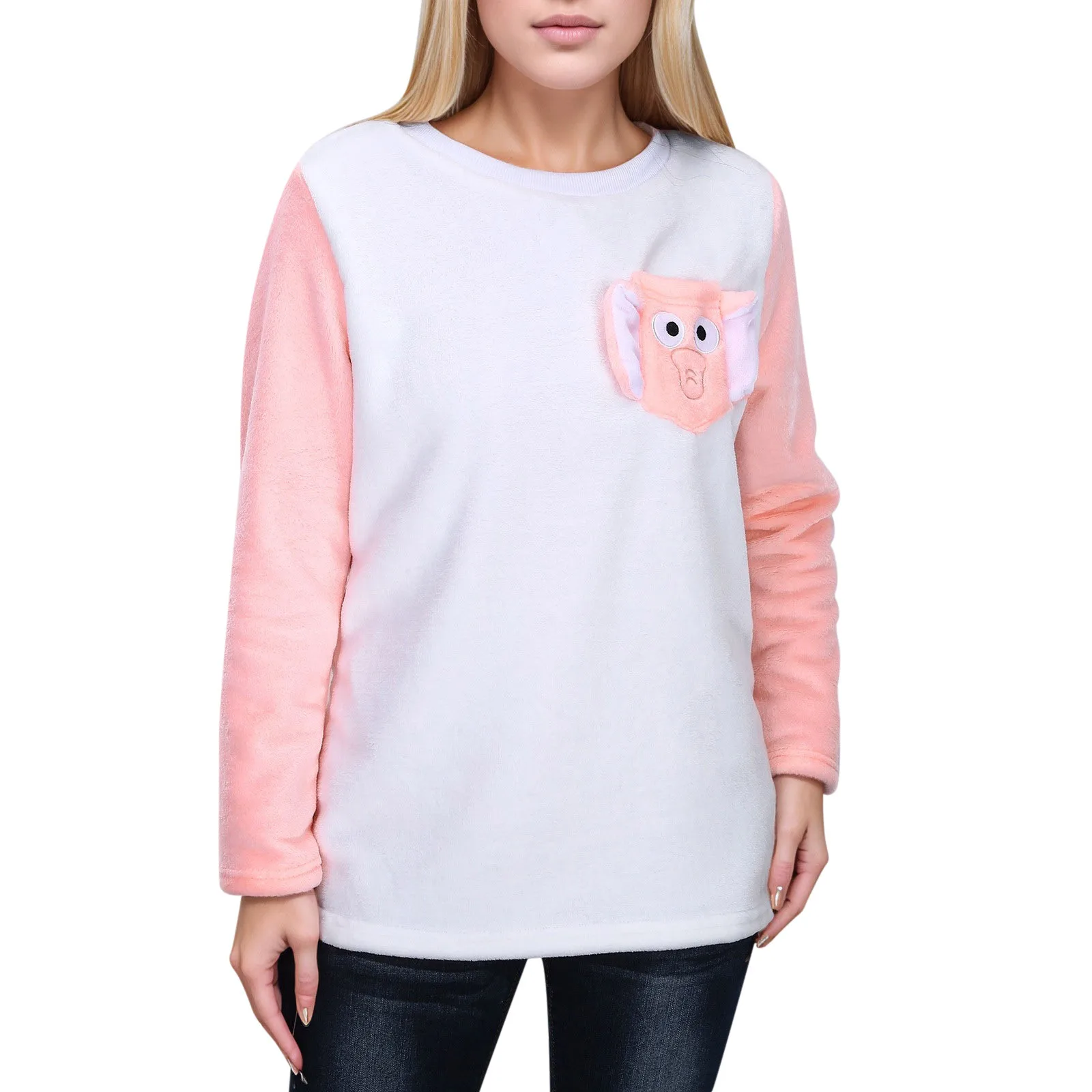 Funny Elephant Sleepwear Top Women's Fuzzy Fleece Pajamas Long Sleeve Crew Neck Loungewear Casual Couples Novelty T Shirts