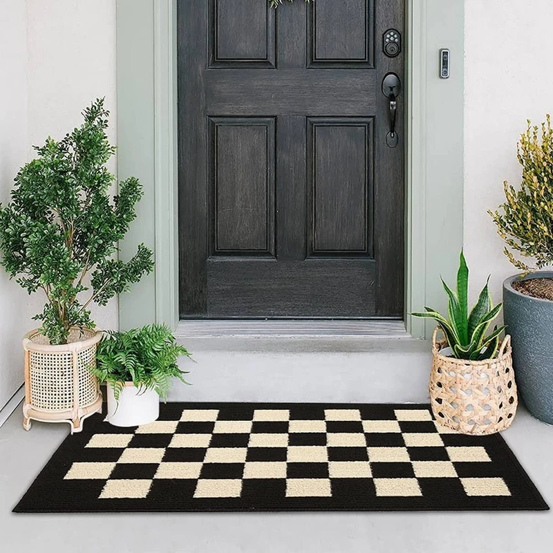 Inyahome Indoor Entrance Door Mat Front Door Rug Checkered Geometric Pattern Welcome Mat Absorbent Thin Door Kitchen Rug Outside