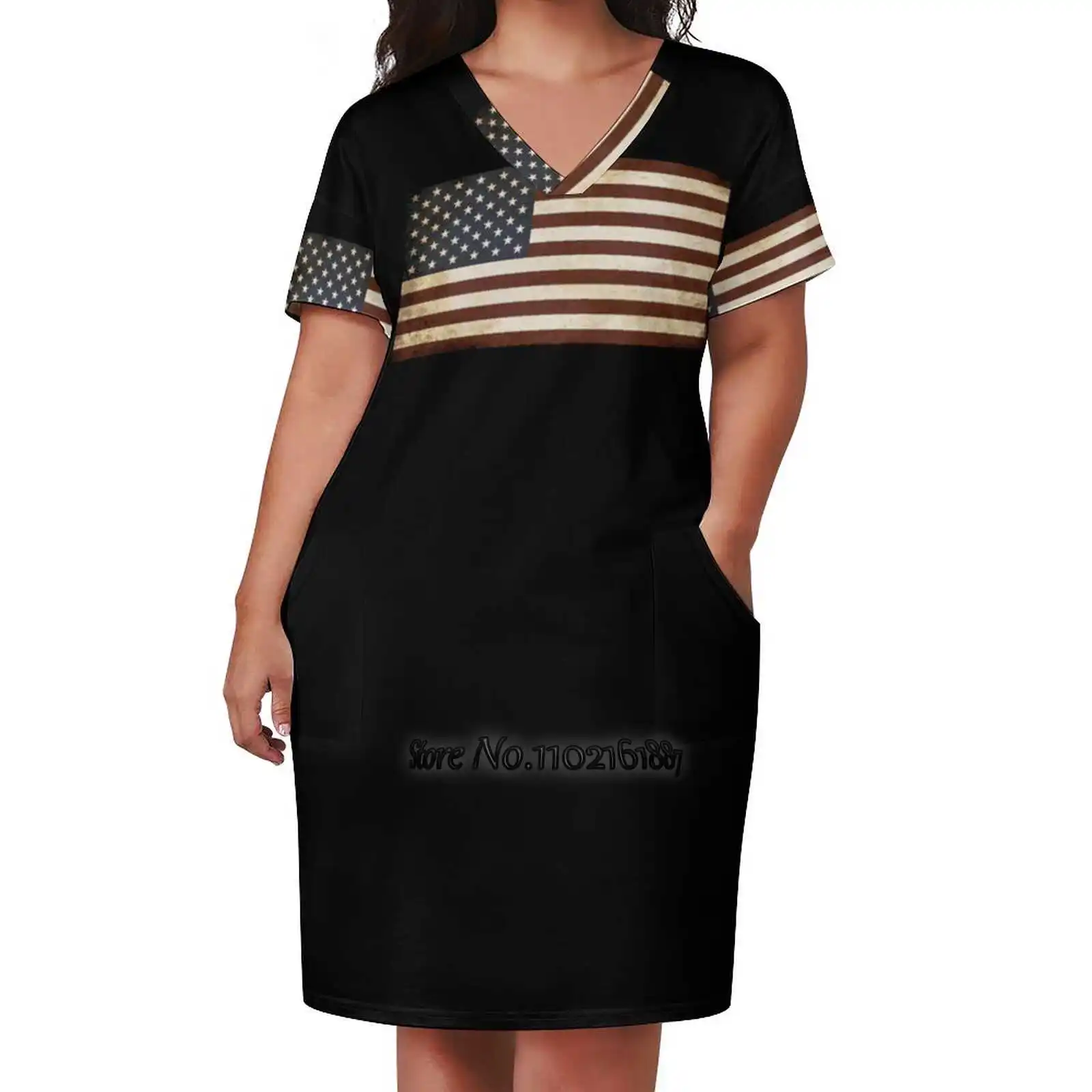 

Usa American Tattered Flag Loose V-Neck Skirt Sexy Short Sleeve Skirt Loose A-Line Dress Light And Breathable Dress Usa