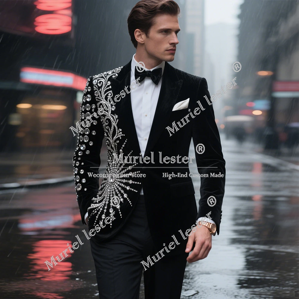 

Rhinestones Beaded Wedding Groom Suits Single Breated Jacket Pants 2 Pieces Prom Tuxedos Customized Man Banquet Party Clothing