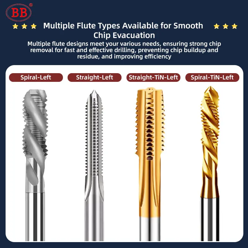 BB Left Tap Machine Thread Tool Spiral Straight Flute TiN HSS M2-M20 for Metal Through Hole