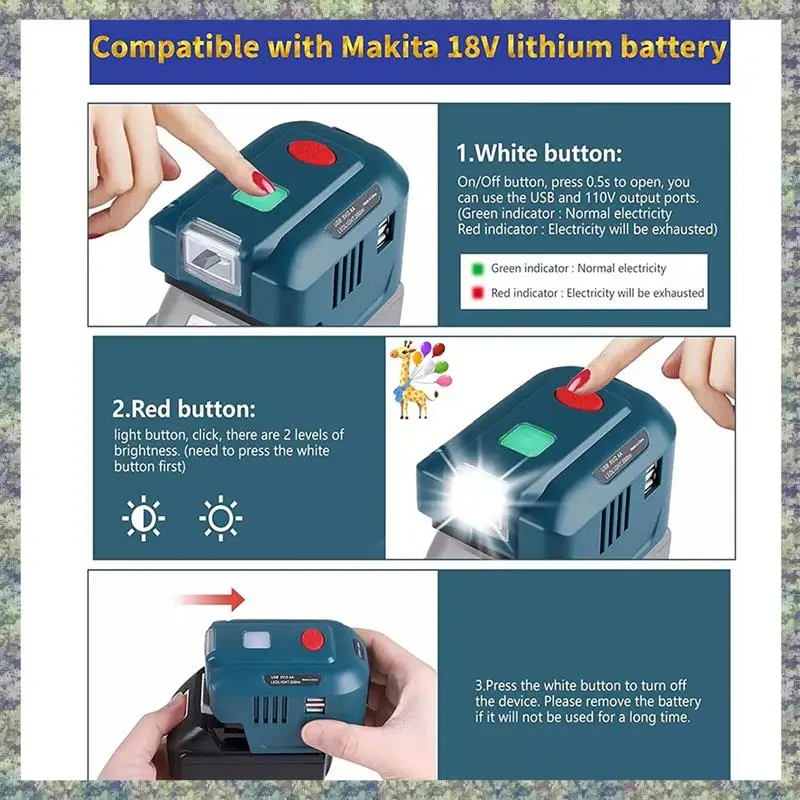 

WON For Ma-Kita 18V Lithium Battery Inverter Generator Portable Power USB Adapter With LED Light For Ma-Kita BL1830