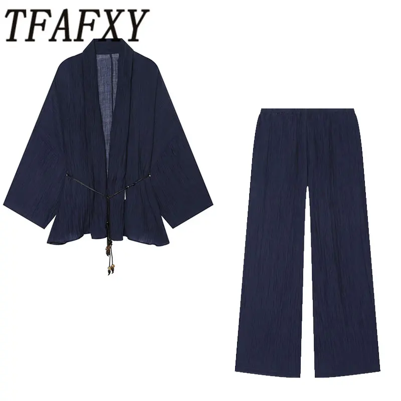 TFAFXY 2026 Summer Casual Chic Solid Women Suit Pleated Semi Transparent Long Sleeve Shirts Loose Straight Pants New Fashion Set