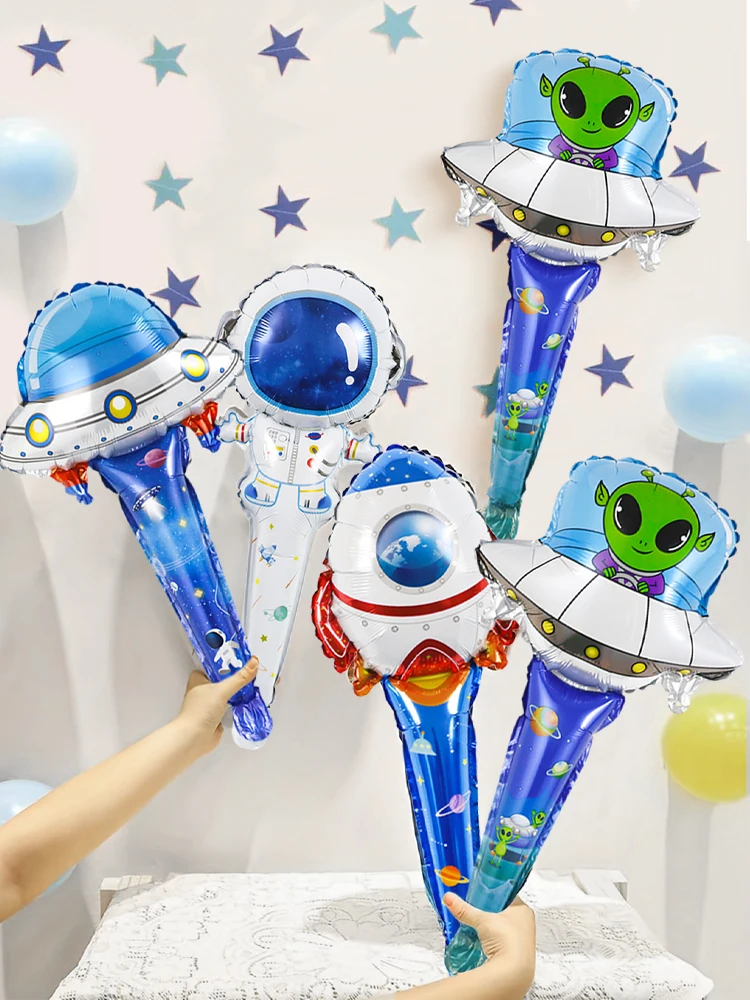 5 stücke Cartoon Astronaut Rakete Raumschiff Alien Handheld Stick Aluminium Film Ballon kinder Weltraum Thema Geburtstag Party