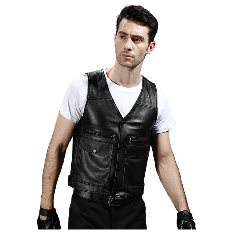 

Real Leather Vest for Men, Waistcoat, V-neck Vest, Youth Spring Autumn, Leisure Handsome Jacket, Mmotorcycle Bomber Jacket