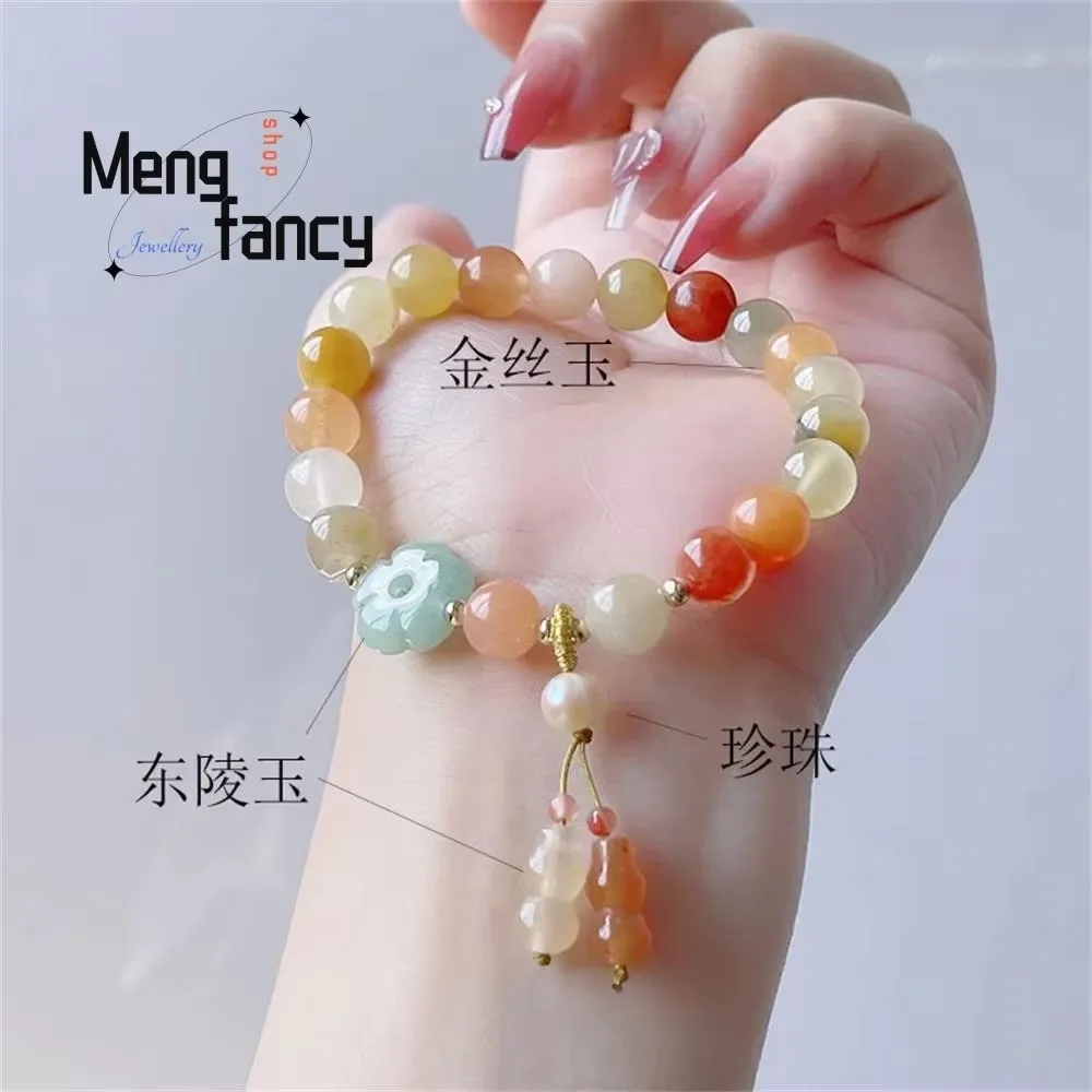 New Natural Gold Silk Jade Bracelet Female Retro Chinese Wind Flower Gourd Dribbling Hand String Exquisite Fashion Fine Jewelry