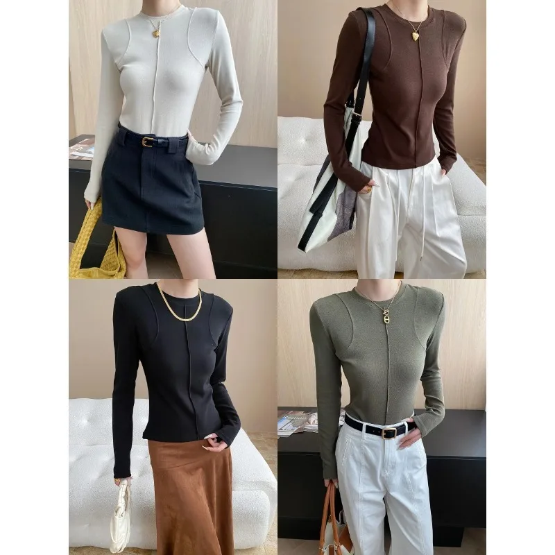 

FRAYA LAB Women's casual stitching slim fit shoulder slimming base long sleeved T-shirt 2025 New