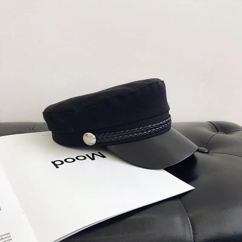 Spring Autumn Sailor Hats Black Ladies Beret Caps Flat Top Captain Cap Travel Cadet Octagonal Hat Fashion Women Men Military Hat