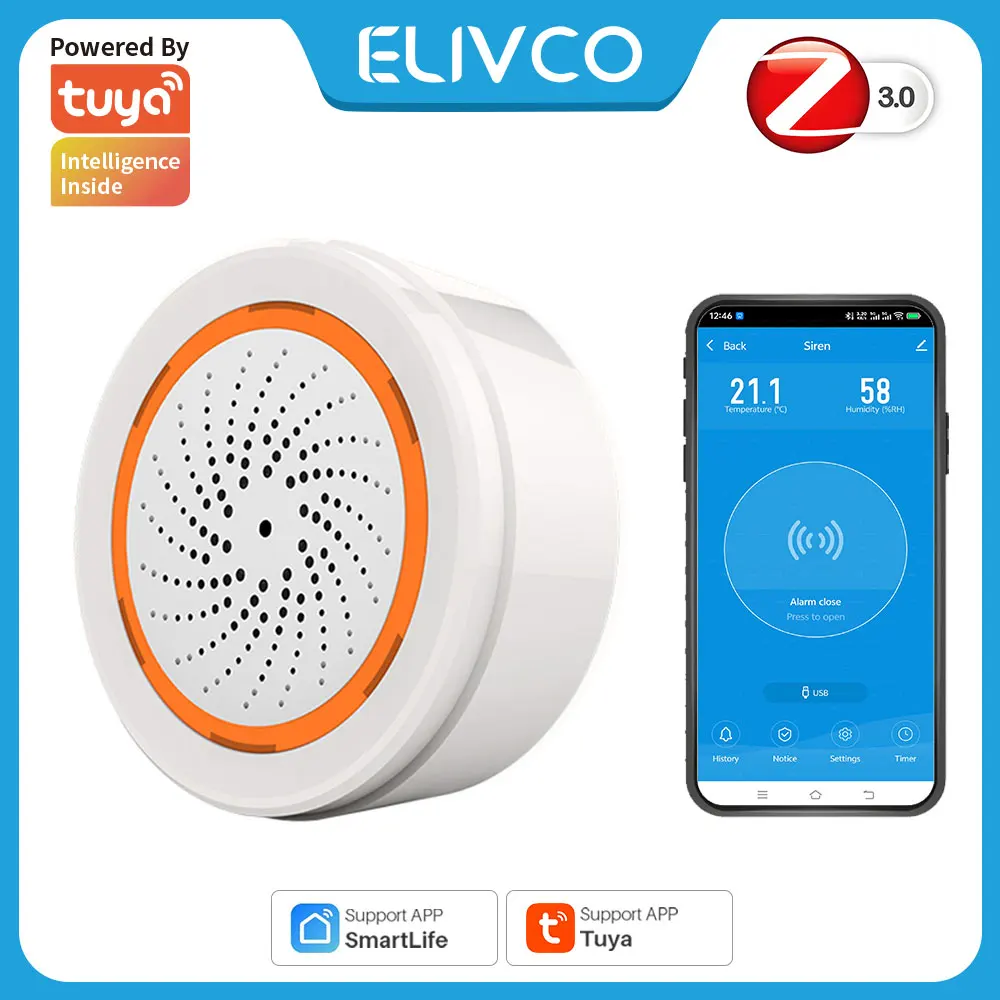 

Tuya ZigBee Smart Siren Alarm System 90db USB Power Supply With APP Remote Control Home Security Alert