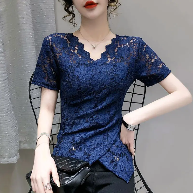 Temperament Slim V Neck Tops Tees Summer New Short Sleeve Solid Slit Hem Irregular Lace T Shirts Fashion Elegant Women Clothing