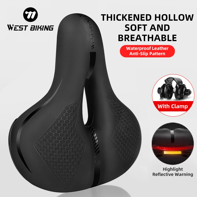 WEST BIKING MTB Comfortable Wide Saddle Shock Shock-Absorbing Cycling Saddle With Safety Reflective Sheet E-Bike City Bike Seat