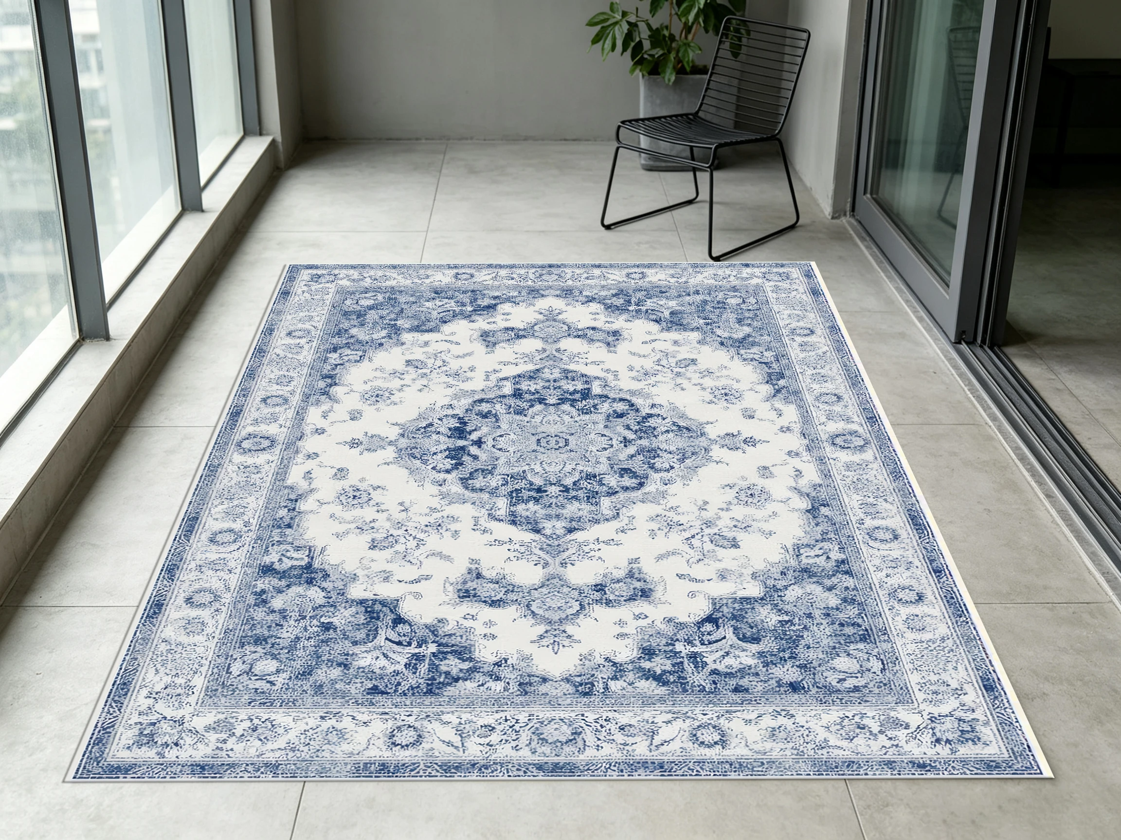 Blue‑White Vintage Faded Area Rug, Classic Circular Medallion Pattern, Cozy Autumn Winter Mat for Living Room Balcony Home Decor