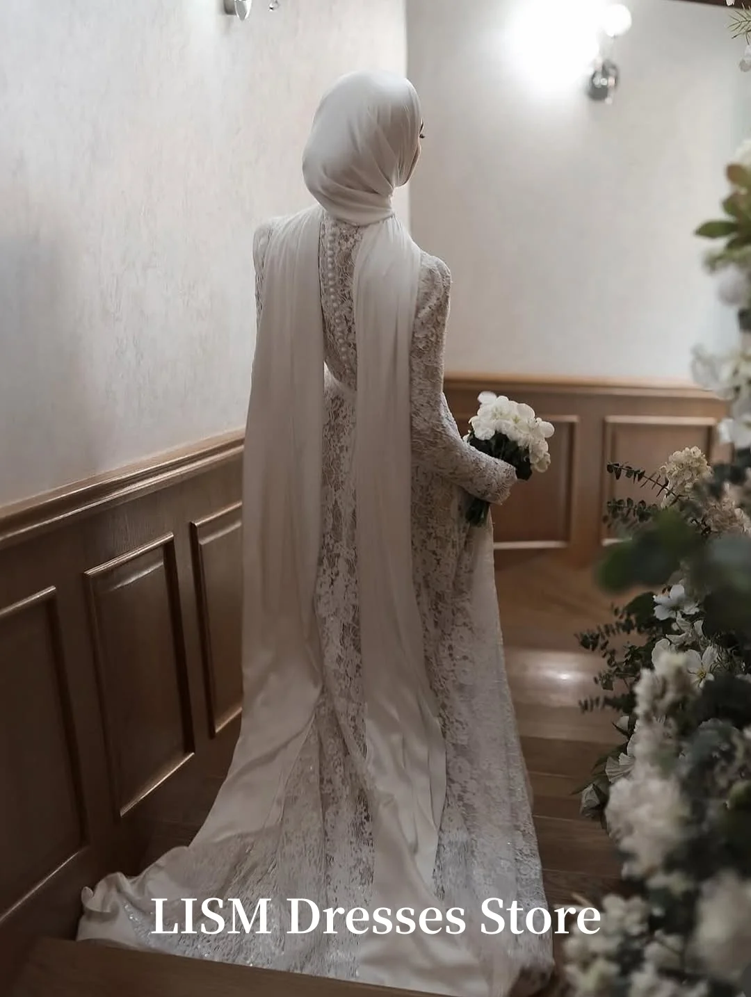 LISM Vestidos de noiva luxuosos com gola alta, mangas compridas, renda de seda, elegantes, longos, personalizados, فستان mire40.
