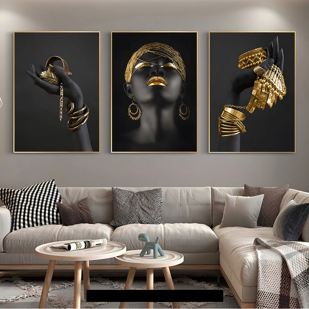 African Woman Home Background Wall Art Canvas Painting Gold And Silver Jewelry In Hand Poster Prints Pictures Room Decor Mura