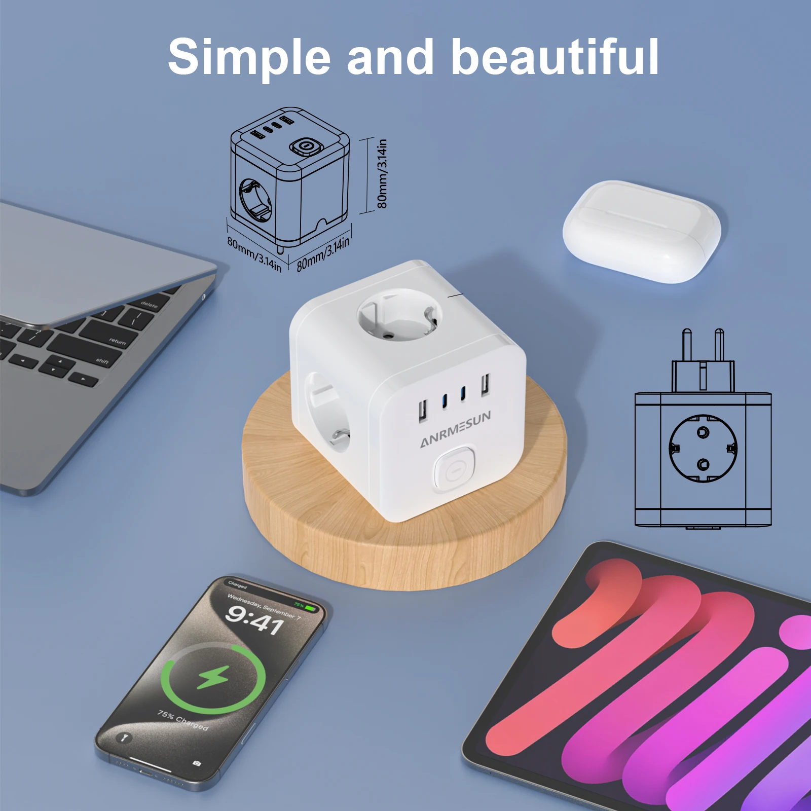 Listwa zasilająca z wtyczką EU, gniazdo ścienne z 3 gniazdami AC + 2 USB QC 17W + 2 Type C PD 20W, szybka ładowarka 7-w-1 z przełącznikiem włącz/wyłącz. — zdjęcie produktu 5