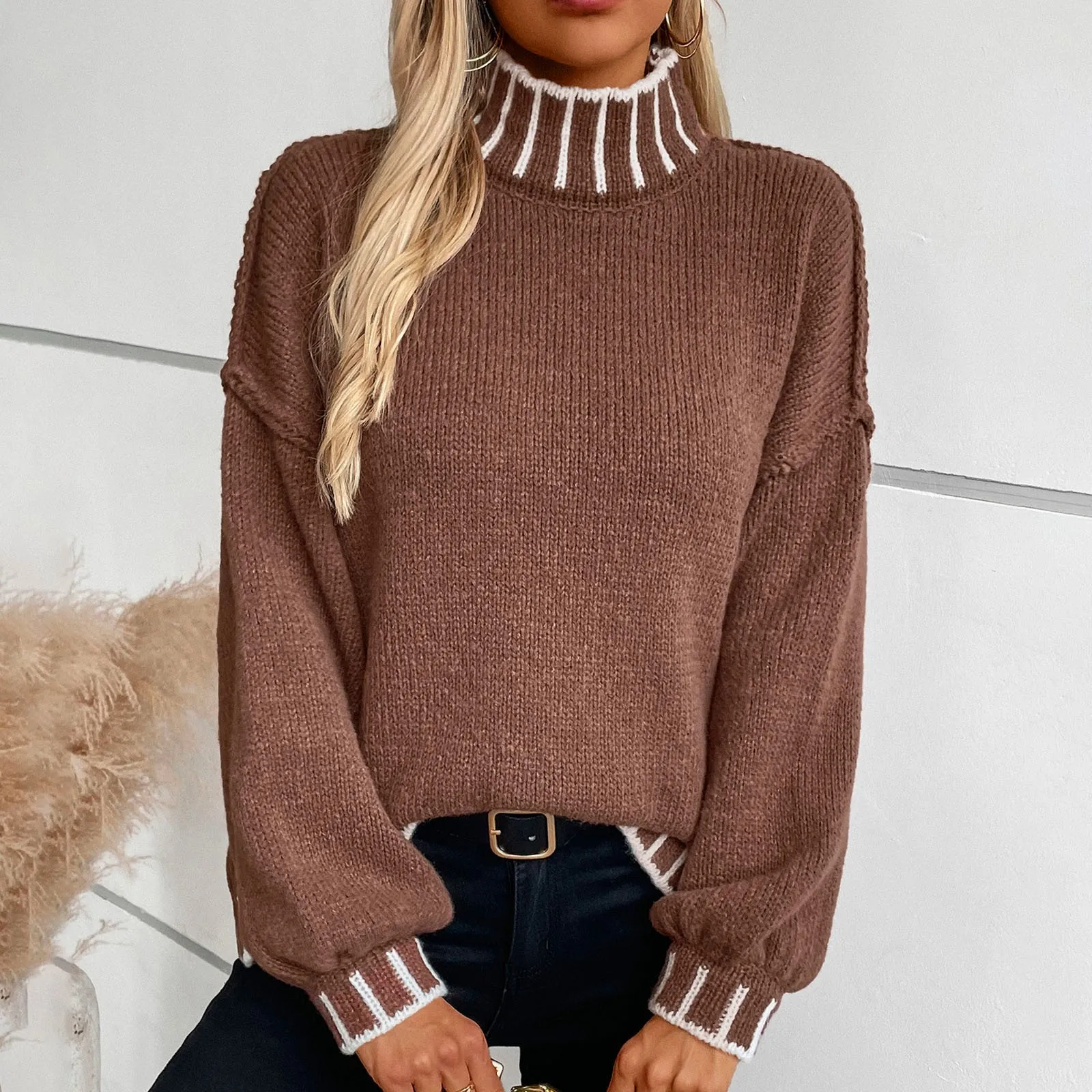 Striped Pullover High Neck Loose Plus Size Sweater Women Mock Turtleneck Sweater Sippers for Toddlers