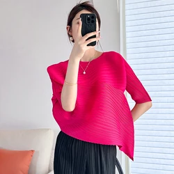 2024 Elegant French High Stretch Women Round Collar Shirt Tops New Summer Miyake Pleated Rose Red Irregular Loose T-Shirt Ladies