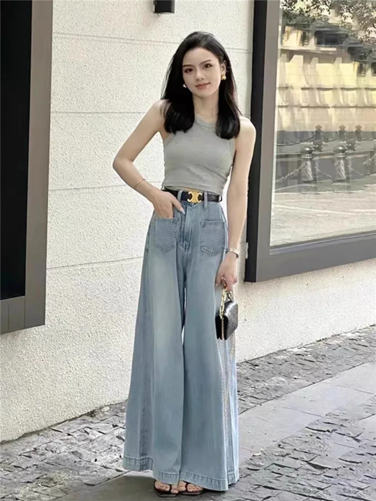 

High Waist Wide Leg Bell Bottom Jeans Women's Spring Autumn Loose Drapey Light Blue Floor Length Pants American Retro Style