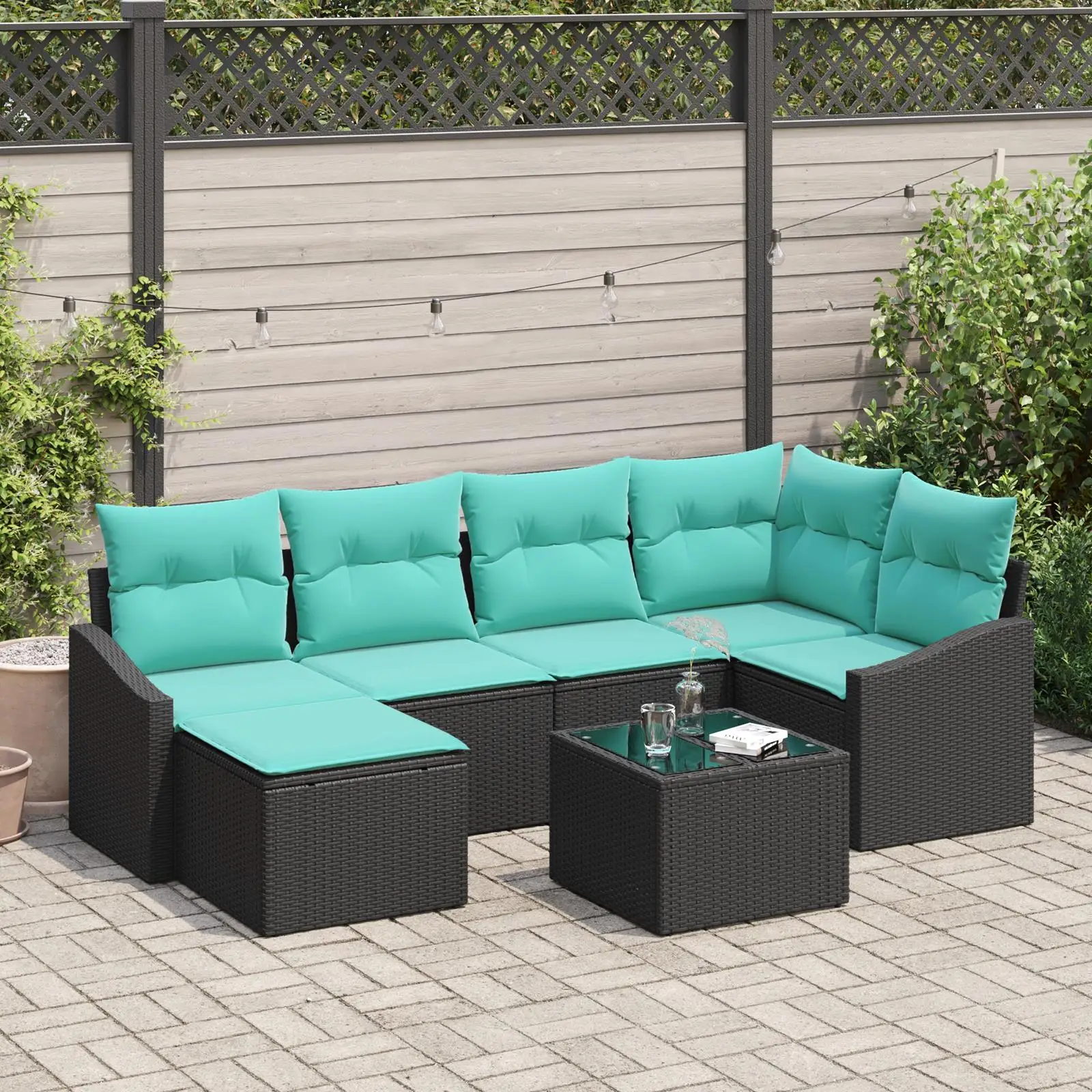 

7 Piece Outdoor Rattan Sofa Set with Cushions Modern Patio Furniture Black Wicker Garden Lounge Seating