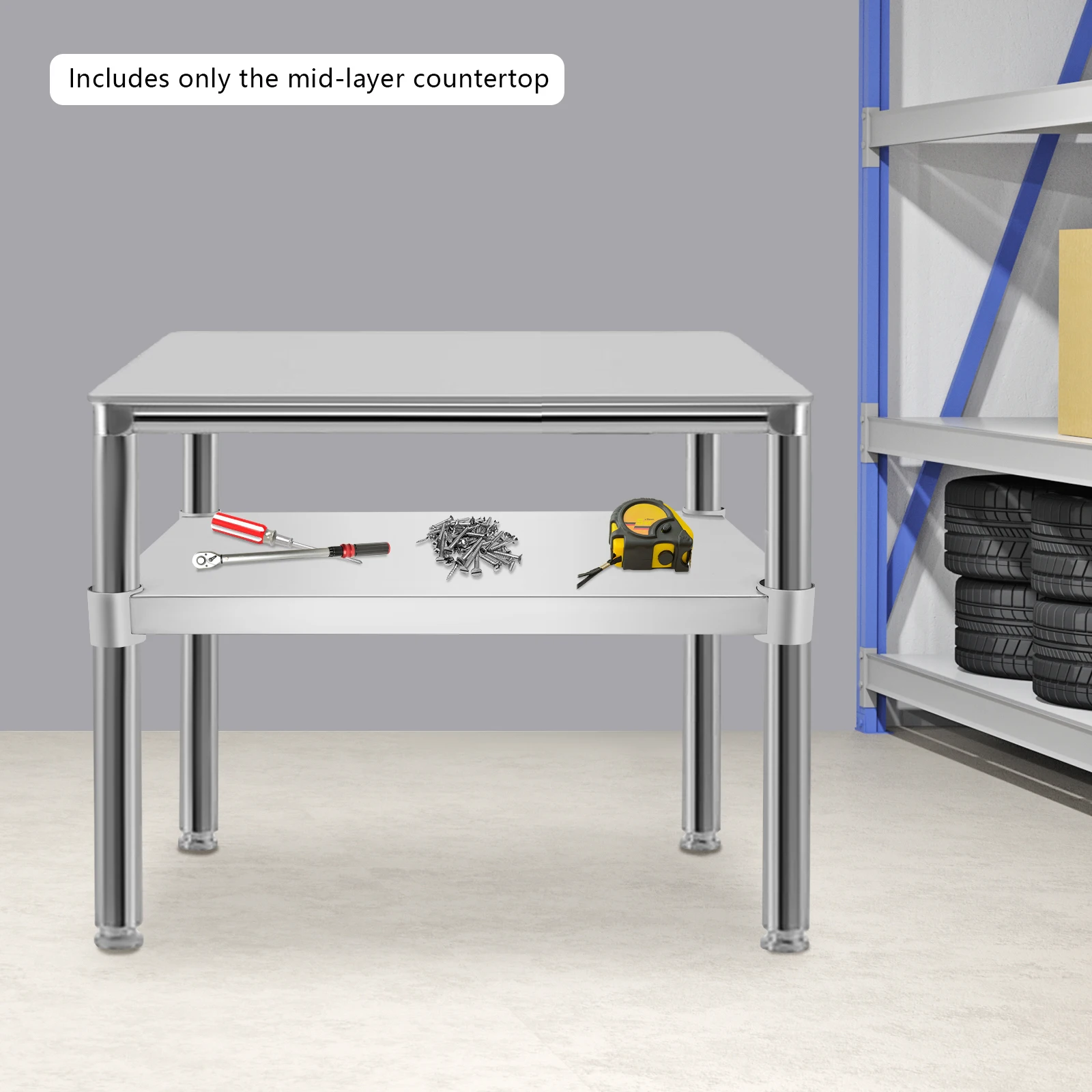 رف سفلي قابل للتعديل من الفولاذ المقاوم للصدأ باللون الفضي، طاولة عمل تحت الرف لطاولات العمل DuraSteel، بما في ذلك طاولات العمل القياسية #1