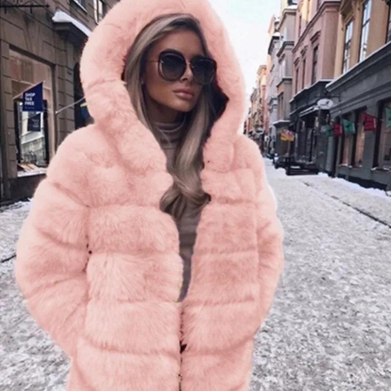 

Women's Coat Fashion Imitation Fox Fur Grass Jacket Women's Hooded Loose Long Sleeved Plush Thick Coat