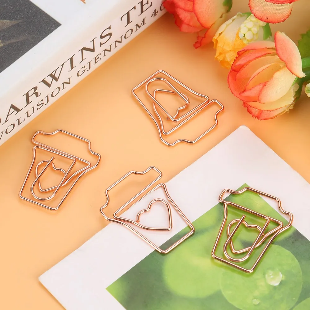12pcs Clips Box Rose Gold Paper Clips Metal Electroplating Coffee Cup Metal Paperclips Funny Bookmarker Wedding Decoration