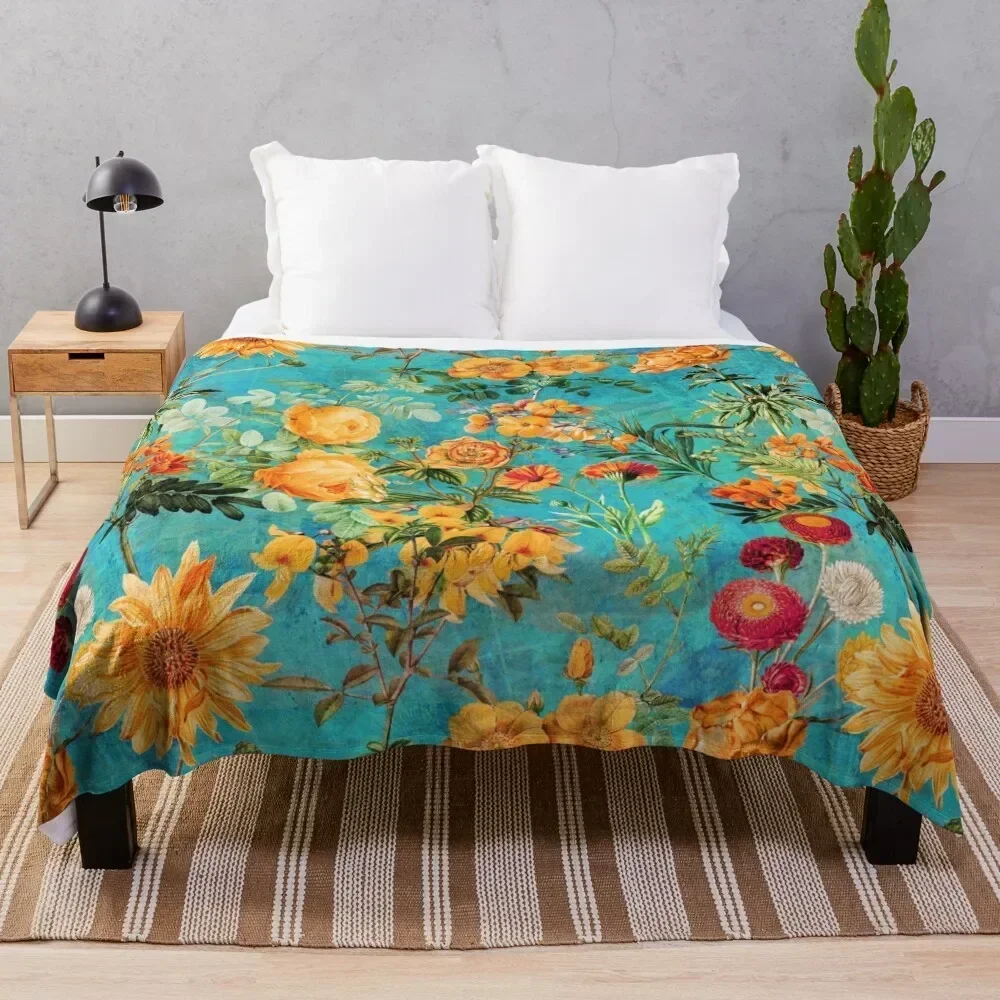 

Turquoise Vintage Botanical Summer Garden Throw Blanket