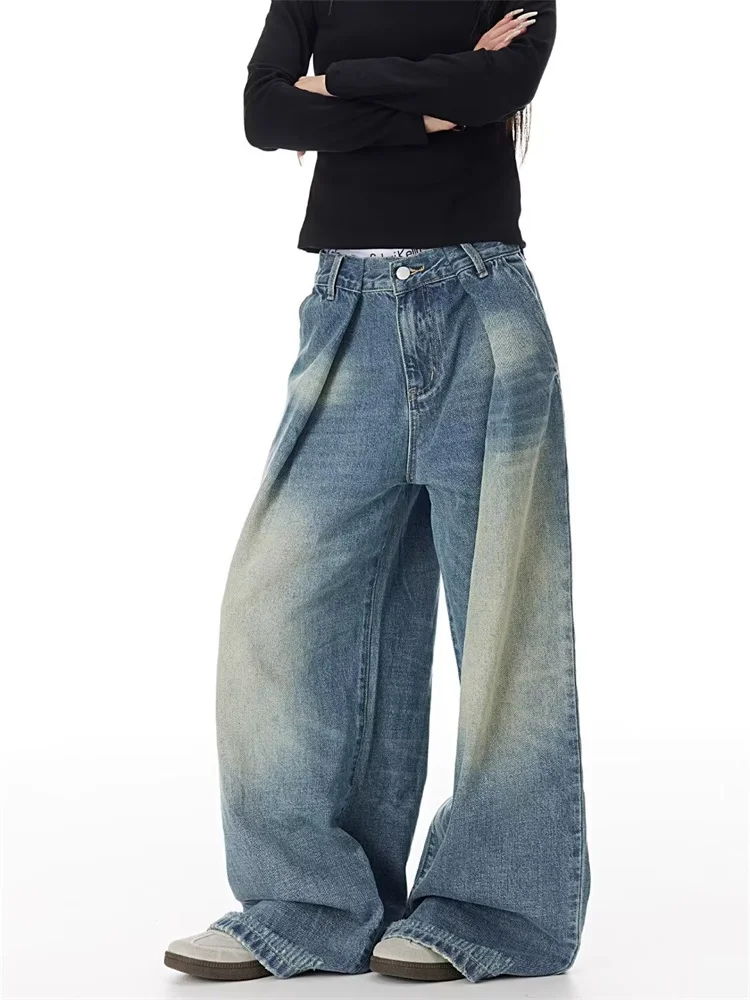 Men's Wear Blue Wide-Leg Denim Pants Baggy Jeans Vintage Three-Dimensional Cut Curved Knife Jeans Loose Fit Summer New Trend