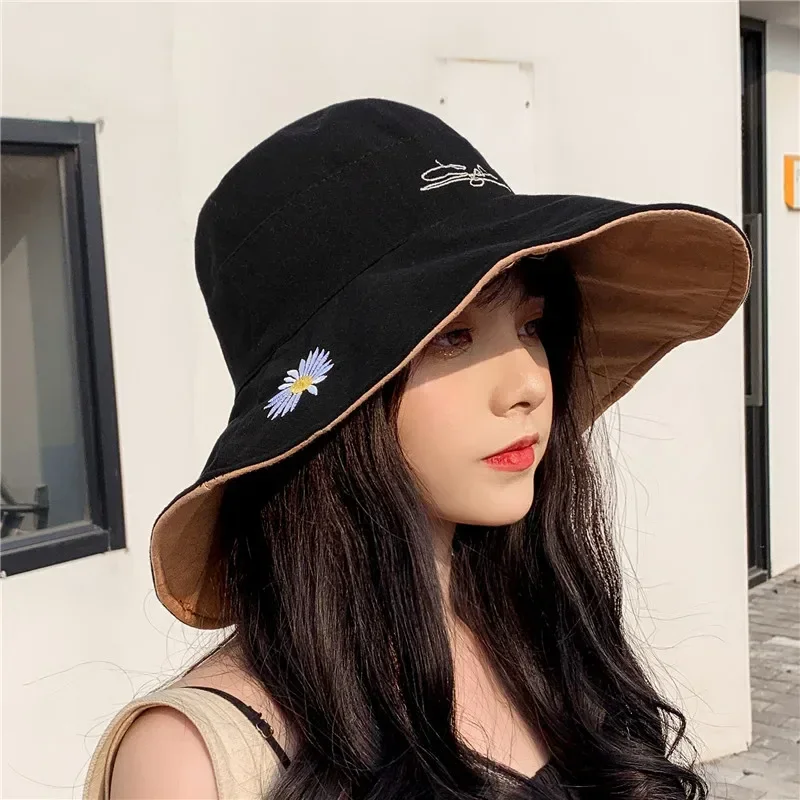 Women\'s Wide Brim Daisy Bucket Hat Summer Double-sided Outdoor Panama Anti-UV Beach Sun Hats Reversible Cotton Fisherman Hat