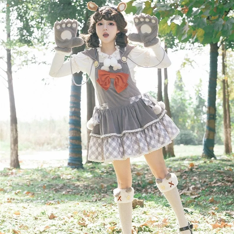 Lovely Grizzly Bear Lolita Dress Set Autumn Winter Plush Strap Dress Red Bow Tie Warm Bear Paw Gloves Leggings