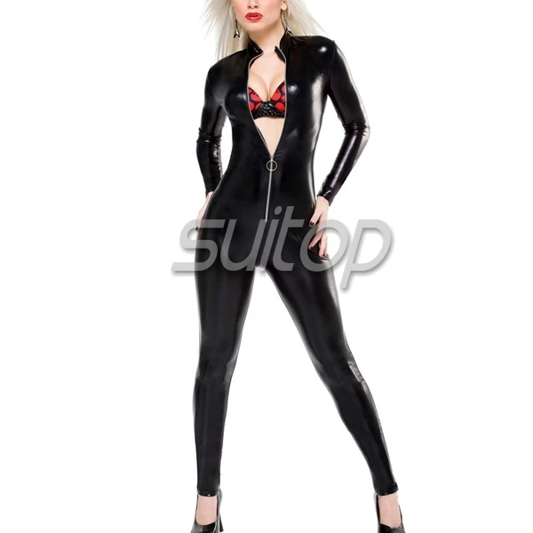 ملابس ضيقة من اللاتكس الثقيل مقاس 0.6 مم من اللاتكس الأسود للفتيات البالغات مع سحاب أمامي معدني