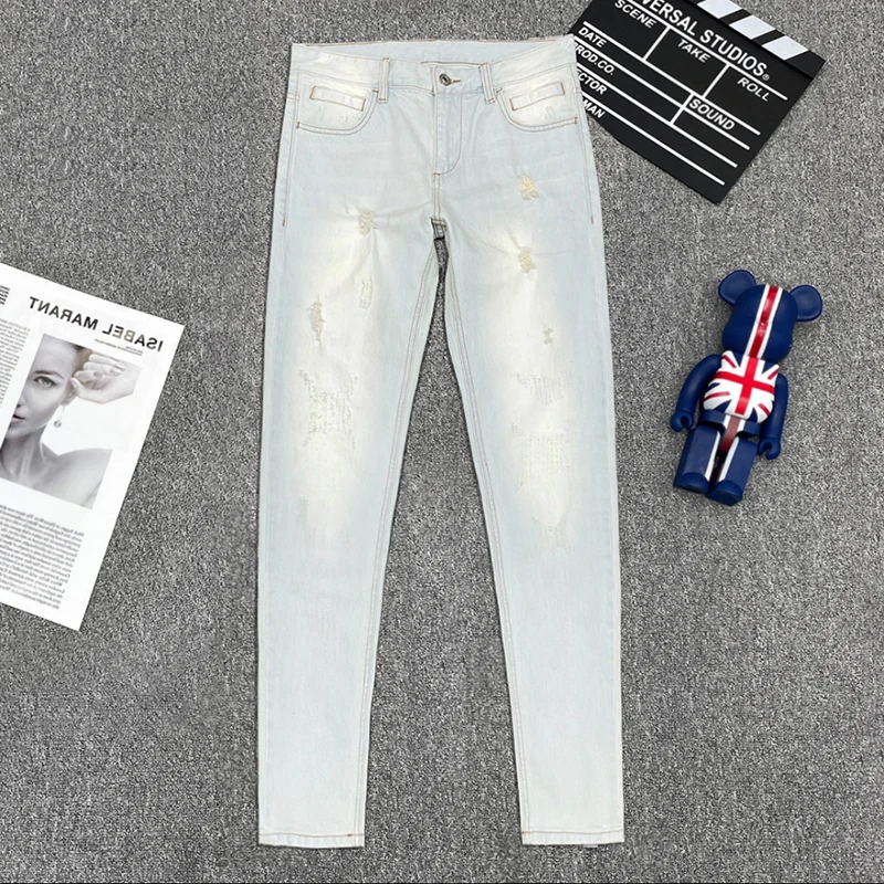 

Легкие джинсовые джинсы, мужские синие джинсы с эластичной резинкой на талии, ретро, американские облегающие прямые джинсы с дырочками