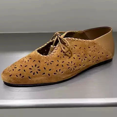 Women's Suede Hollow Floral Cutout Flat Loafers Lace-Up Round Toe Casual Shoes Retro Vintage Style Lightweight Slip-On Footwear