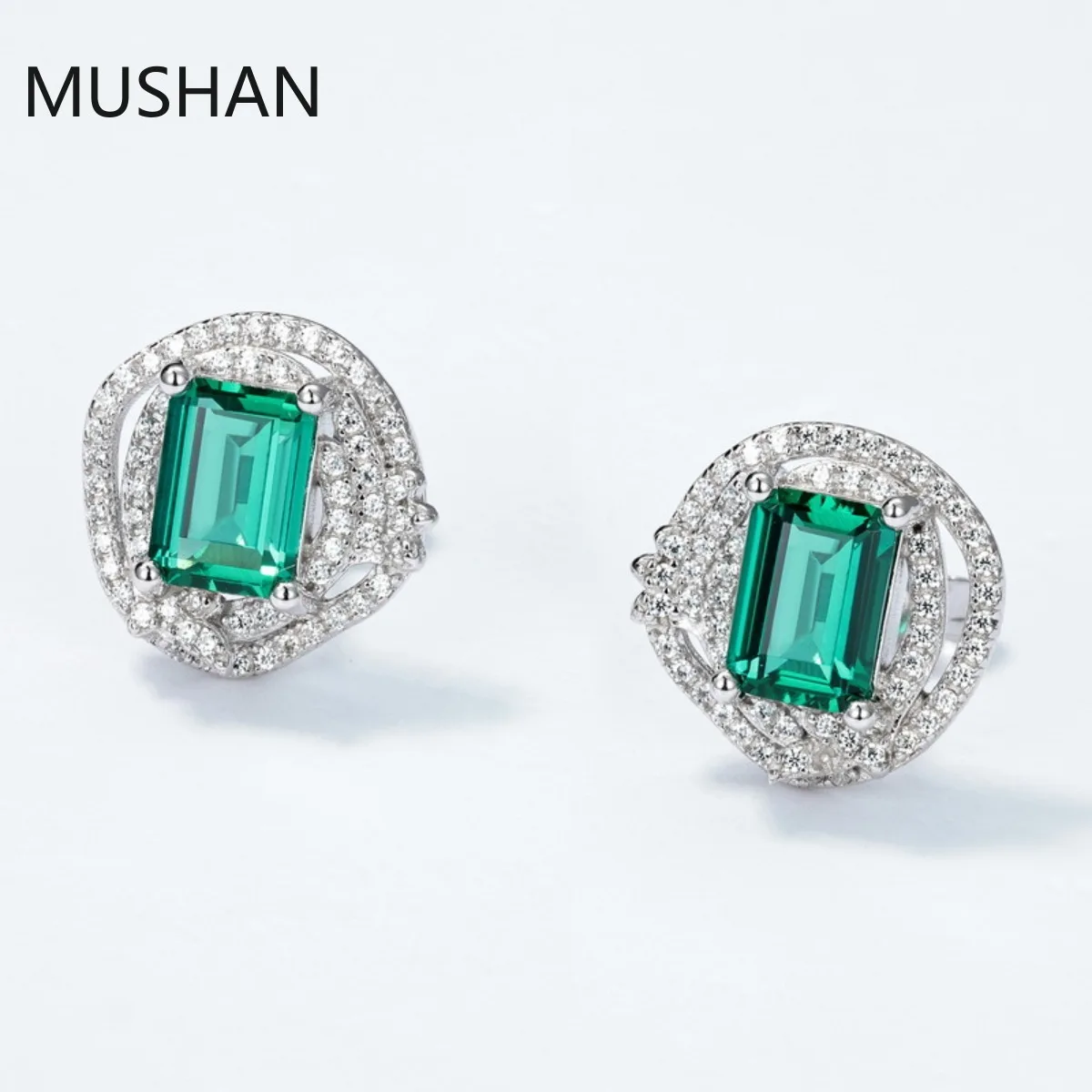 MUSHAN Luxury Jewelry S 925 Sterling Silver Stud Earrings Women GRC Certificated Lab Grown Emerald Earrings Stud Ear Pin Jewelry
