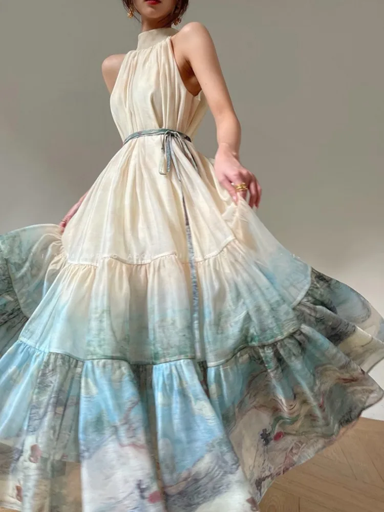 

Women Summer Fashion Vintage Print Hanging Neck A-Line Dress Off-shoulder Sleeveless Pleated Dresses Casual Female Clothes Robe
