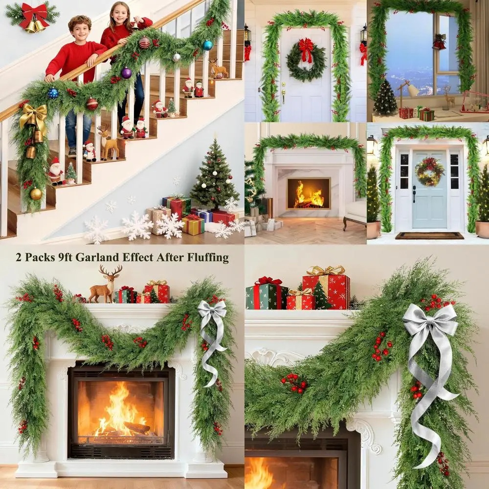 

Real Touch Cedar Garland with Red Berries, Bendable Faux Pine Greenery for Indoor Outdoor Christmas Decor (2 Packs)