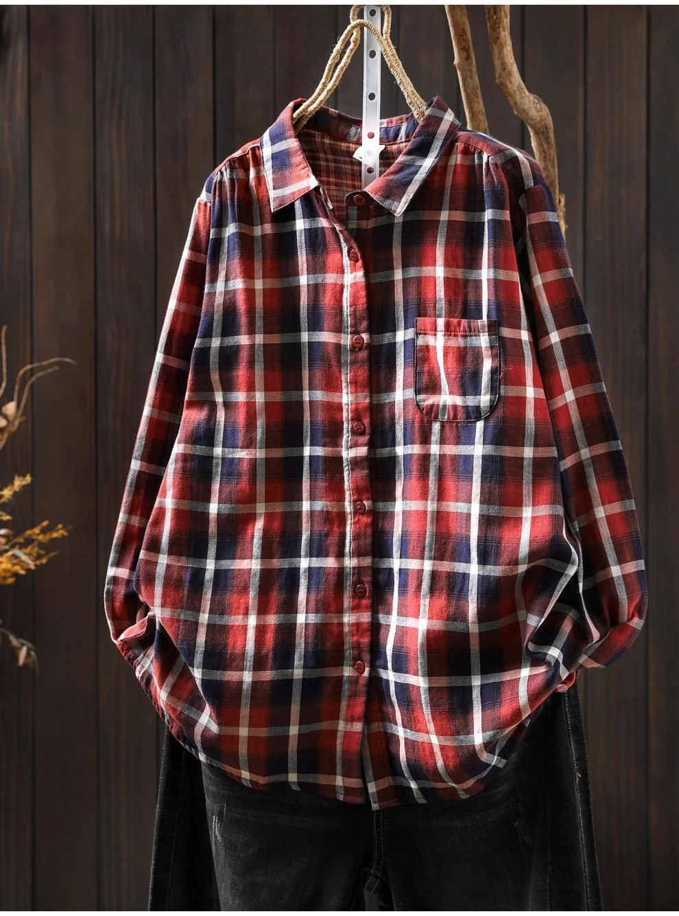 เสื้อผู้หญิงวัยรุ่น เสื้อเชิ้ตลายตารางหมากรุกสีแดงแฟชั่นเกาหลีและเสื้อเชิ้ตสำหรับผู้หญิงฤดูใบไม้ร่วงฤดูหนาวเสื้อแขนยาวผ้าฝ้ายแท้