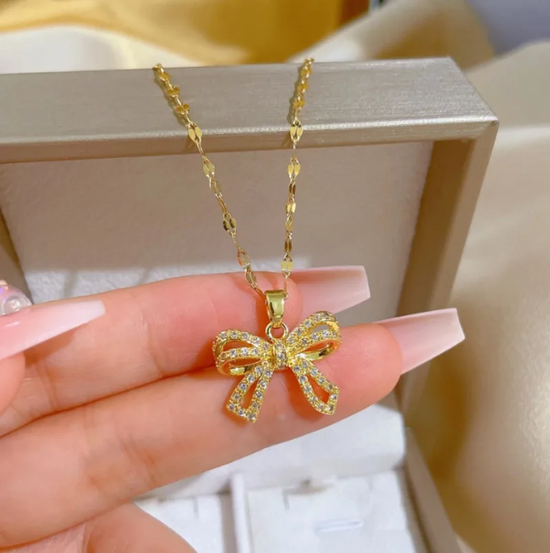 Light Luxury Stainless Steel Micro-inlaid Zircon Bow Necklace for Women Ins Internet Celebrity Clavicle Necklace Jewelry