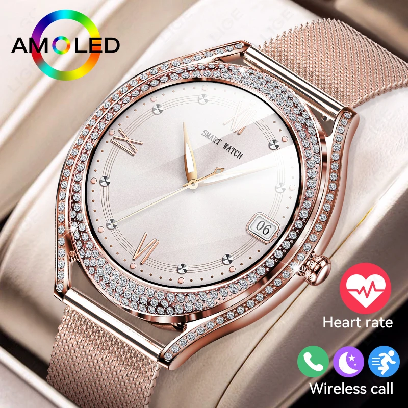 LIGE-reloj inteligente V66 para mujer, accesorio de pulsera resistente al agua IP67 con diamantes, Pantalla AMOLED de 1,28 pulgadas, Bluetooth,