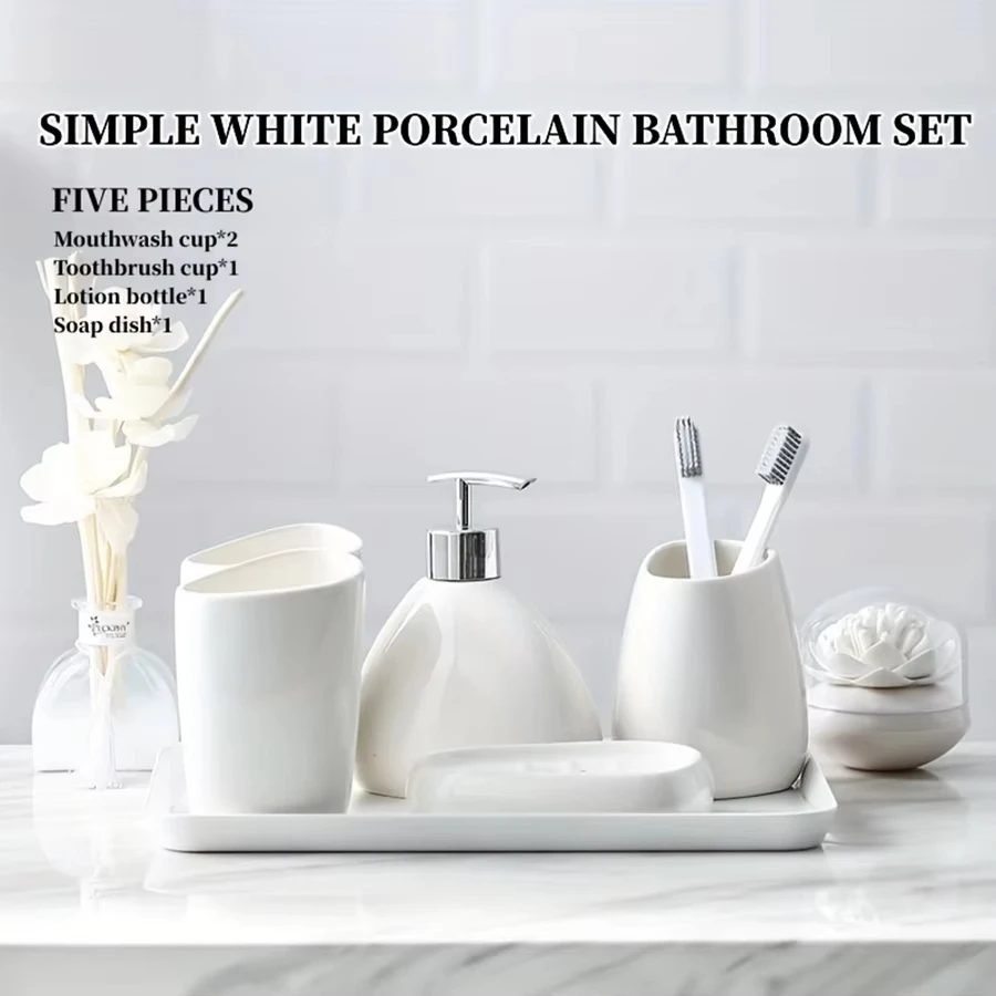 Nordic Bathroom Wash Accessory White Ceramic Soap Dispenser Bottle Mouthwash Cup Soap Dish Toothbrush Cup