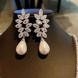 Huitan Sparkling Imitation Pearl Dangle Earrings for Women Crystal CZ Aesthetic Bridal Wedding Earrings Gift New Trendy Jewelry