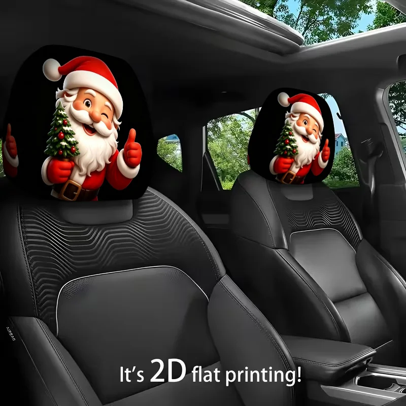 2Ps Santa Claus with Christmas Tree Car Headrest Covers, Festive Red White Design, Soft Comfortable, Holiday Decoration