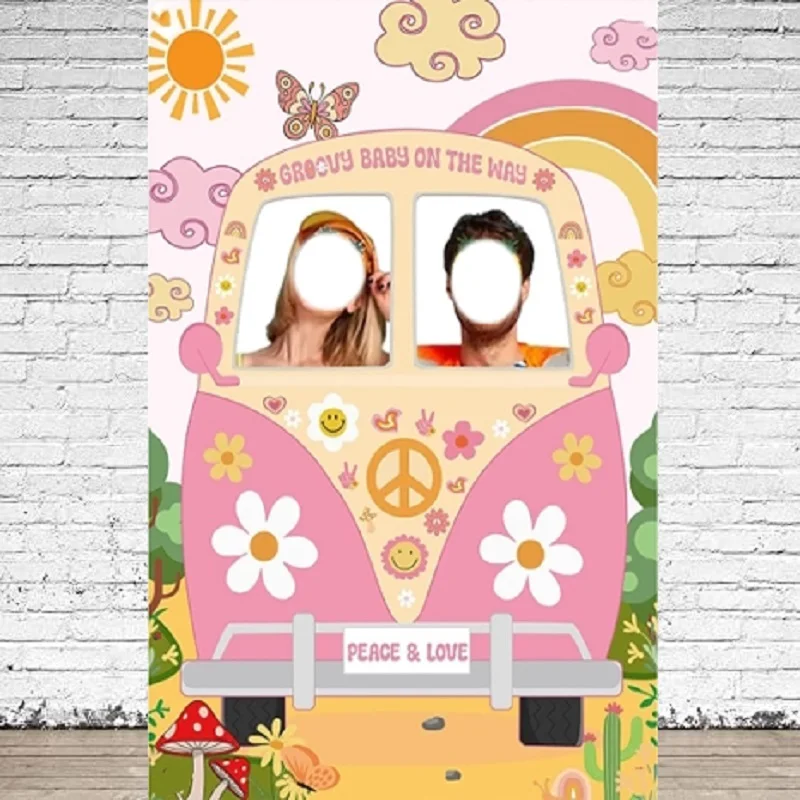 Hippie Bus Door Face Change Game Photography Backdrop Or 60'S 70'S Party Groovy Birthday Party Decor Banner Background Poster