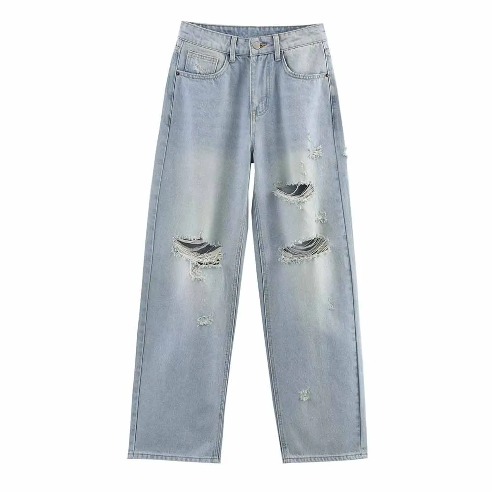 

Women's 2025 new chic fashion hole decoration loose casual versatile high waisted jeans retro side pocket women's denim pants