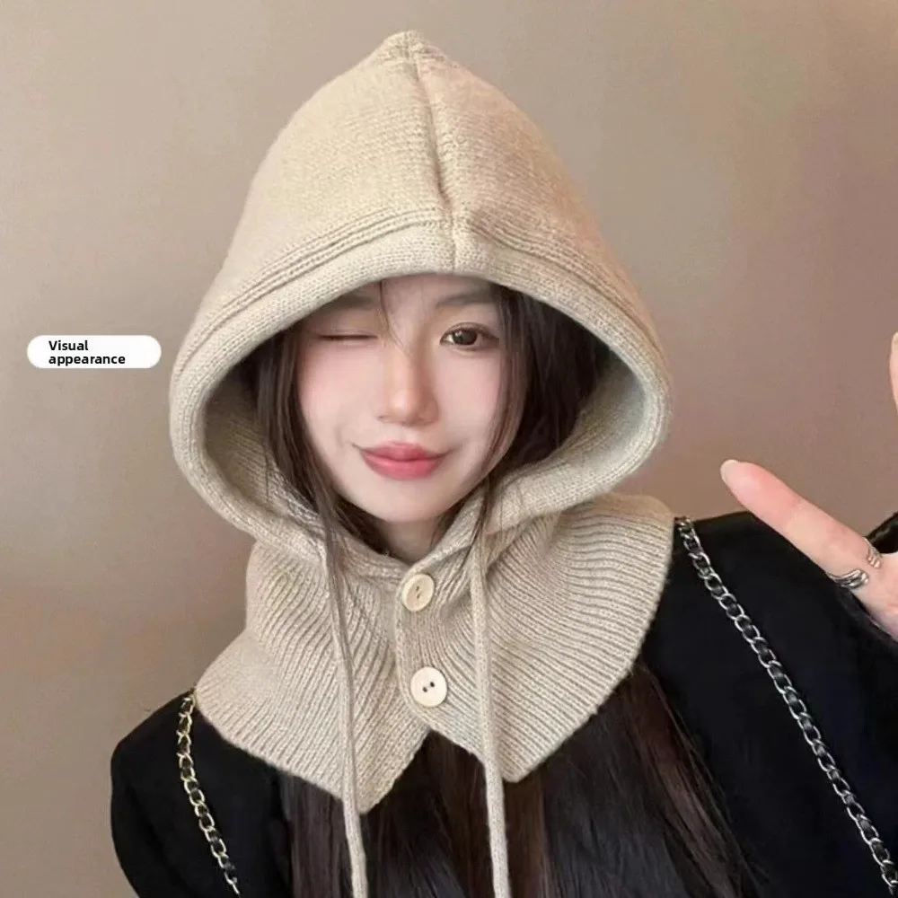 

New Warm Knitted Scarf And Cap Set Windproof Thermal Integrated Scarf Drawstring Cap Women Winter Balaclava Scarf Cap