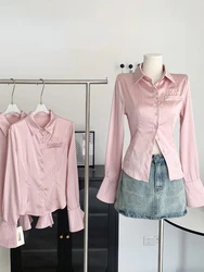 Aoi2000s Y2k Summer Large Size In Sexy Slim Short Sleeve Pink Shirt Women Korea Style Button Office Cosplay Female Clothing