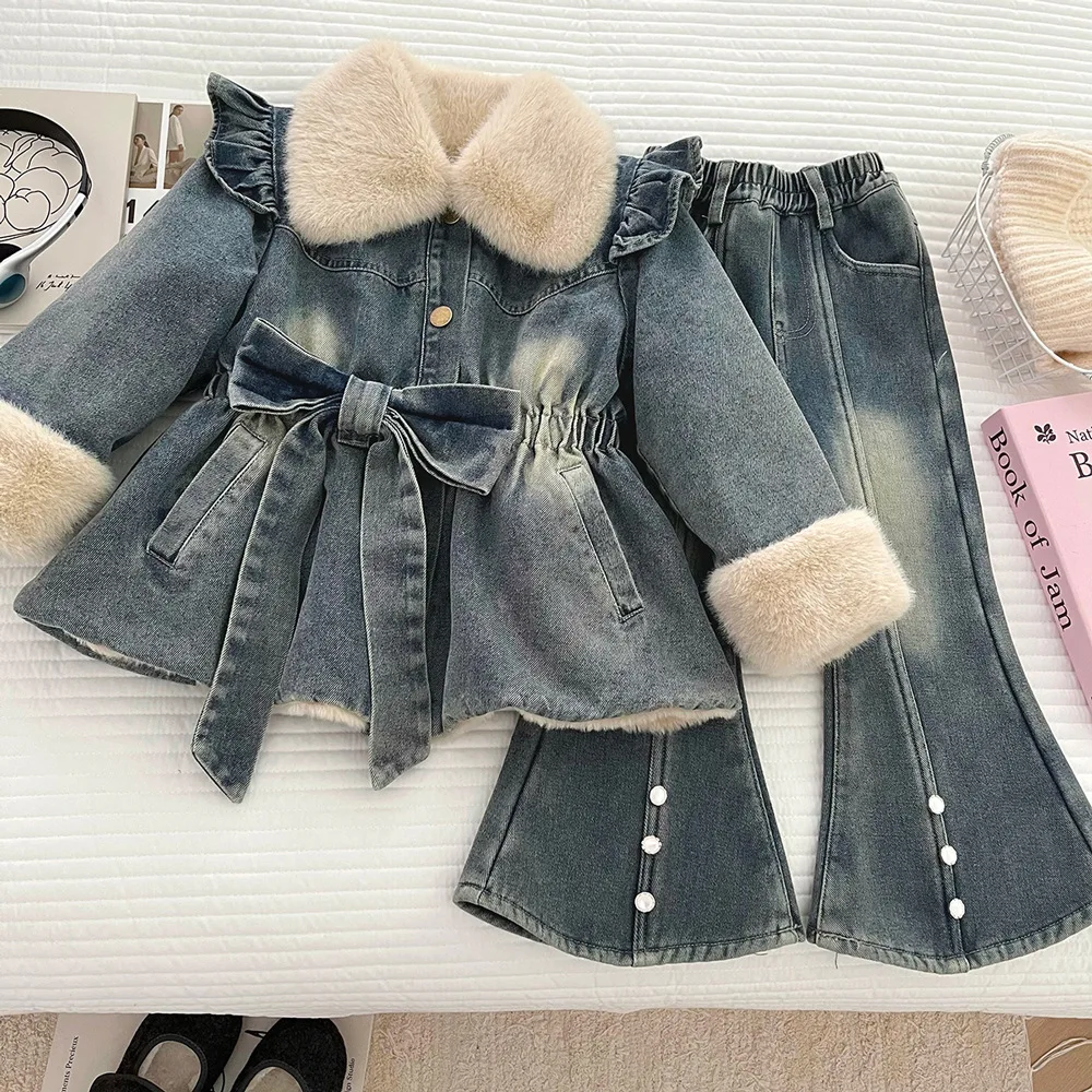 Costume en denim velours pour femme, jupe pour garçon, vêtements d'extérieur en denim pour cheveux de bébé, pantalon micro-évasé, deux pièces, nouvelle collection hiver 2025